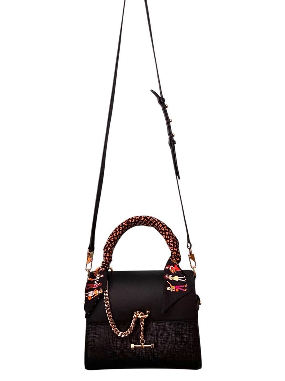 Luana Italy Elegant Black with Gold Accent Satchel Crossbody Bag